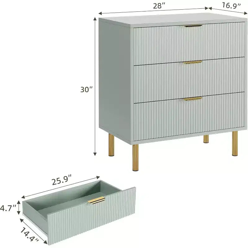 Modern 3 Drawer Dresser for Bedroom with Gold Handle & Drawer, Wood Double Chest of Drawers,Storage Organizer for Living Room, Hallway, Entryway