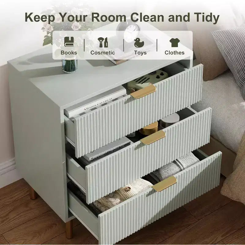Modern 3 Drawer Dresser for Bedroom with Gold Handle & Drawer, Wood Double Chest of Drawers,Storage Organizer for Living Room, Hallway, Entryway