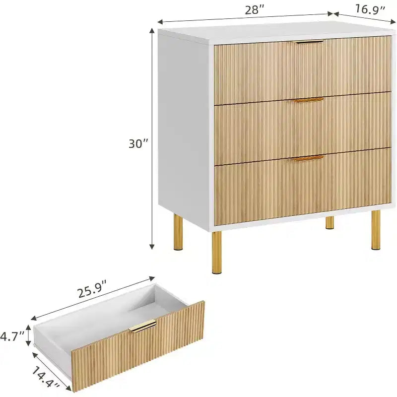 Modern 3 Drawer Dresser for Bedroom with Gold Handle & Drawer, Wood Double Chest of Drawers,Storage Organizer for Living Room, Hallway, Entryway