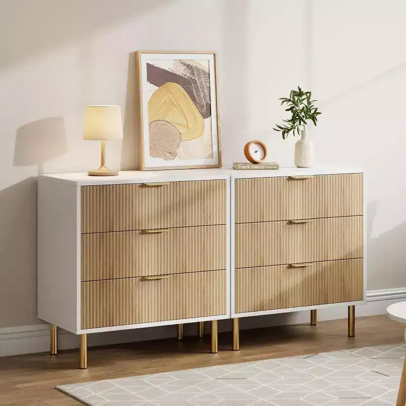 Modern 3 Drawer Dresser for Bedroom with Gold Handle & Drawer, Wood Double Chest of Drawers,Storage Organizer for Living Room, Hallway, Entryway