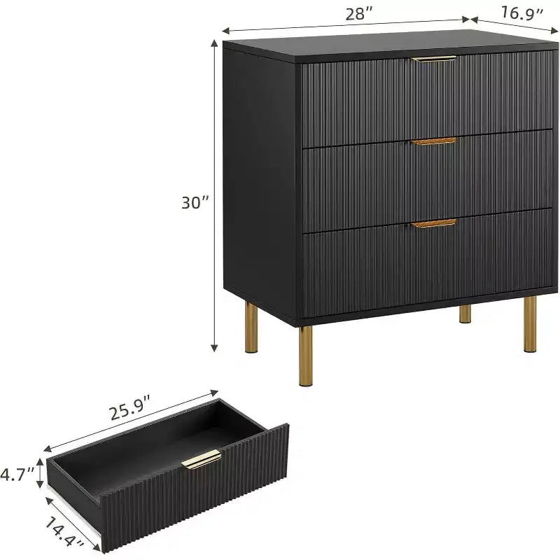 Modern 3 Drawer Dresser for Bedroom with Gold Handle & Drawer, Wood Double Chest of Drawers,Storage Organizer for Living Room, Hallway, Entryway