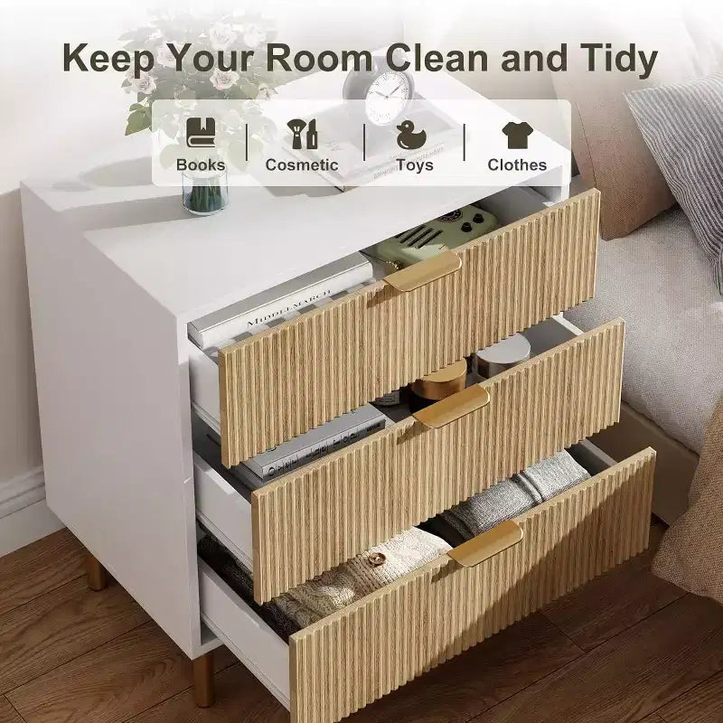 Modern 3 Drawer Dresser for Bedroom with Gold Handle & Drawer, Wood Double Chest of Drawers,Storage Organizer for Living Room, Hallway, Entryway