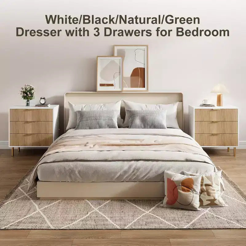 Modern 3 Drawer Dresser for Bedroom with Gold Handle & Drawer, Wood Double Chest of Drawers,Storage Organizer for Living Room, Hallway, Entryway