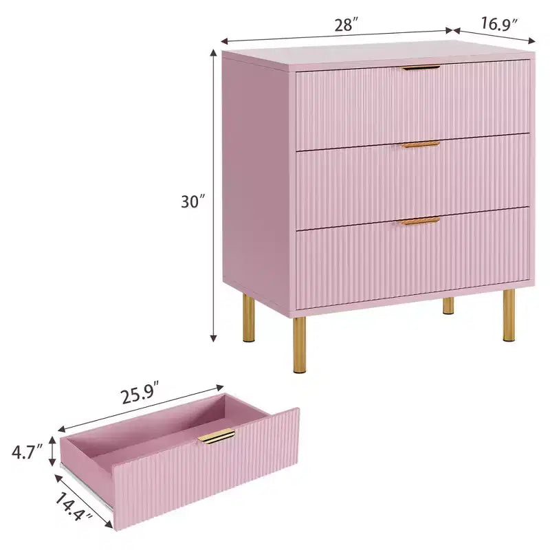 Modern 3 Drawer Dresser for Bedroom with Gold Handle & Drawer, Wood Double Chest of Drawers,Storage Organizer for Living Room, Hallway, Entryway