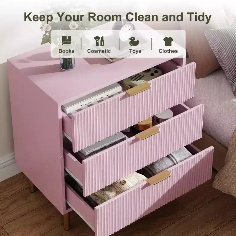 Modern 3 Drawer Dresser for Bedroom with Gold Handle & Drawer, Wood Double Chest of Drawers,Storage Organizer for Living Room, Hallway, Entryway