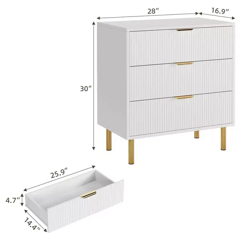 Modern 3 Drawer Dresser for Bedroom with Gold Handle & Drawer, Wood Double Chest of Drawers,Storage Organizer for Living Room, Hallway, Entryway