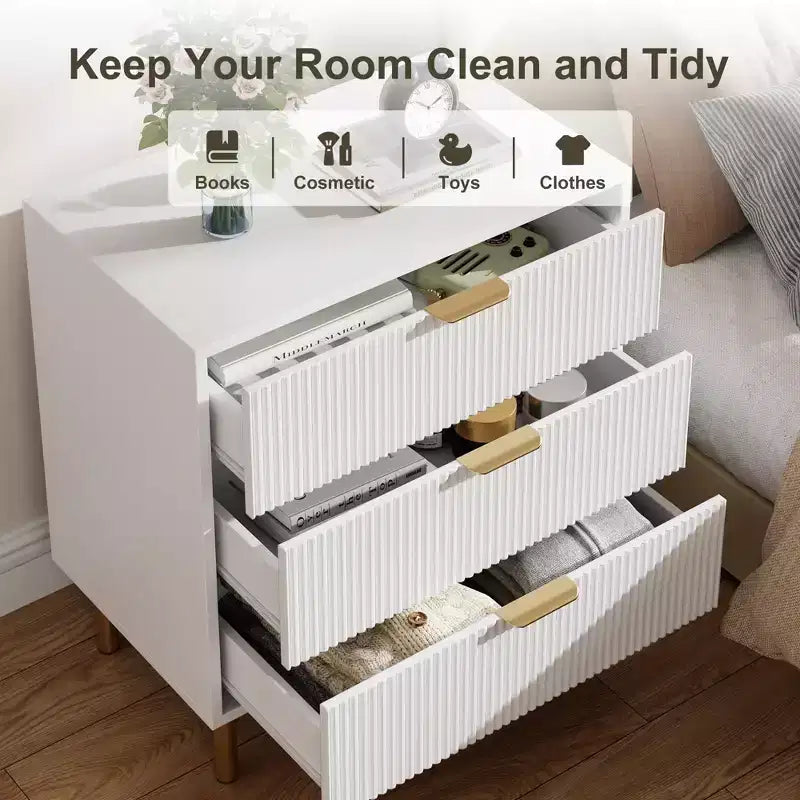Modern 3 Drawer Dresser for Bedroom with Gold Handle & Drawer, Wood Double Chest of Drawers,Storage Organizer for Living Room, Hallway, Entryway