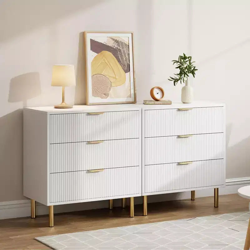 Modern 3 Drawer Dresser for Bedroom with Gold Handle & Drawer, Wood Double Chest of Drawers,Storage Organizer for Living Room, Hallway, Entryway