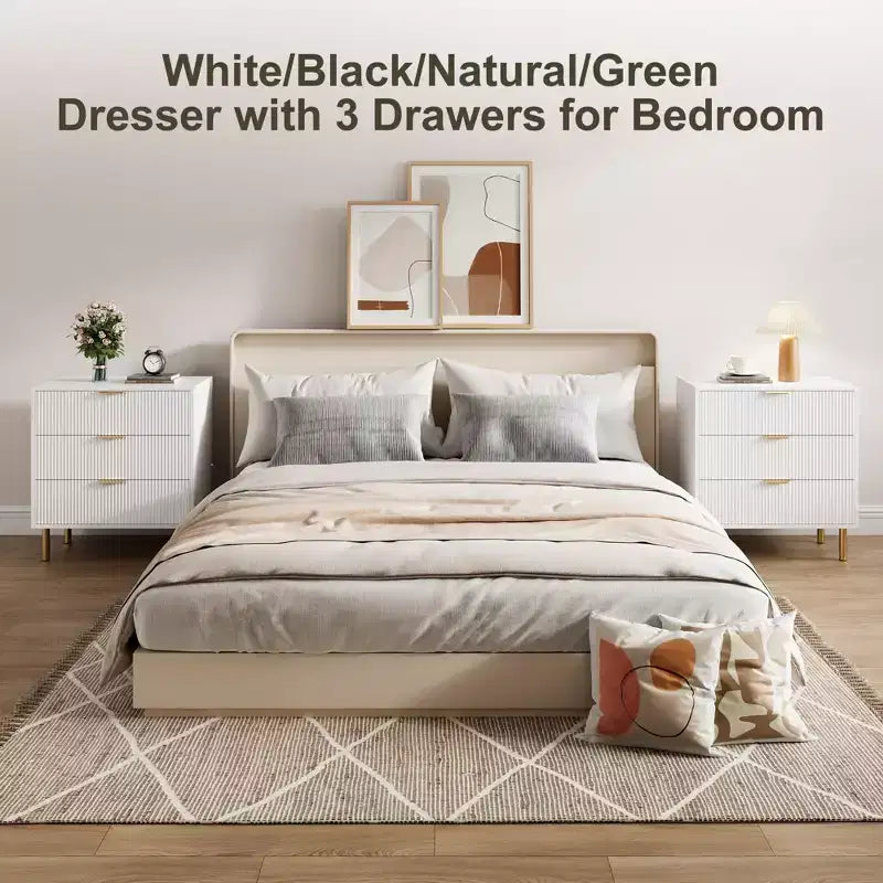 Modern 3 Drawer Dresser for Bedroom with Gold Handle & Drawer, Wood Double Chest of Drawers,Storage Organizer for Living Room, Hallway, Entryway