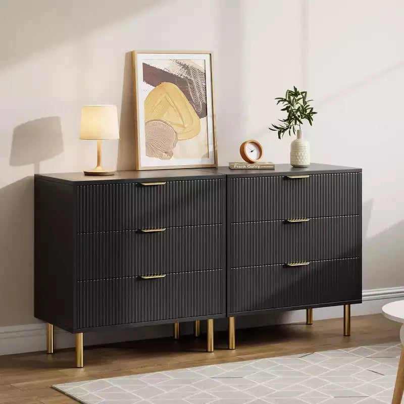 Modern 3 Drawer Dresser for Bedroom with Gold Handle & Drawer, Wood Double Chest of Drawers,Storage Organizer for Living Room, Hallway, Entryway