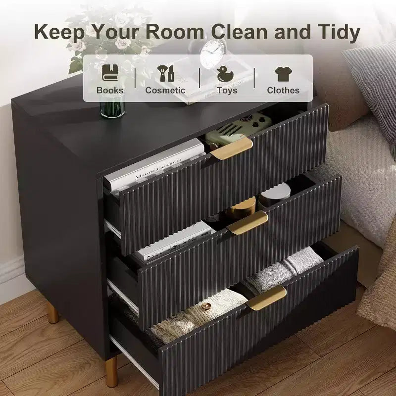 Modern 3 Drawer Dresser for Bedroom with Gold Handle & Drawer, Wood Double Chest of Drawers,Storage Organizer for Living Room, Hallway, Entryway