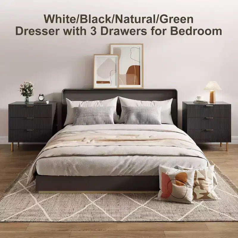 Modern 3 Drawer Dresser for Bedroom with Gold Handle & Drawer, Wood Double Chest of Drawers,Storage Organizer for Living Room, Hallway, Entryway