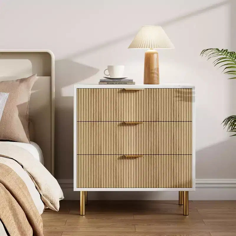 Modern 3 Drawer Dresser for Bedroom with Gold Handle & Drawer, Wood Double Chest of Drawers,Storage Organizer for Living Room, Hallway, Entryway