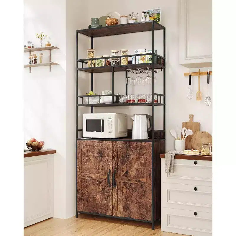 71 Tall Wine Rack, Bar Cabinet, with Glass Holder, 5 Tier Bakers Rack, Wood Wine Rack, Industrial Liquor Cabinet for Kitchen Dinging Room