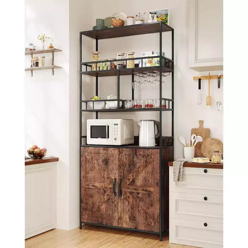 71 Tall Wine Rack, Bar Cabinet, with Glass Holder, 5 Tier Bakers Rack, Wood Wine Rack, Industrial Liquor Cabinet for Kitchen Dinging Room