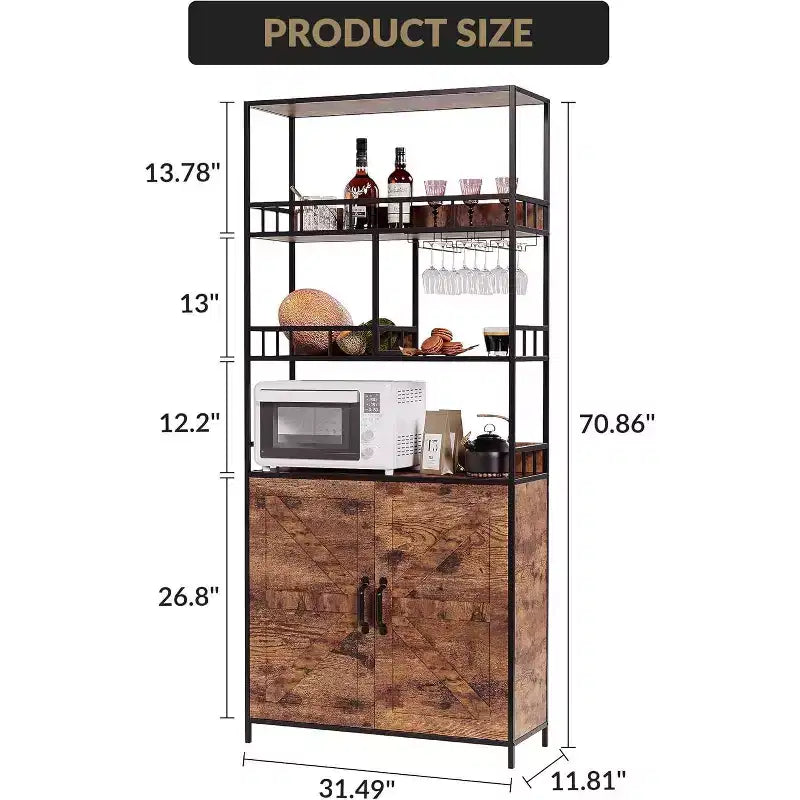 71 Tall Wine Rack, Bar Cabinet, with Glass Holder, 5 Tier Bakers Rack, Wood Wine Rack, Industrial Liquor Cabinet for Kitchen Dinging Room