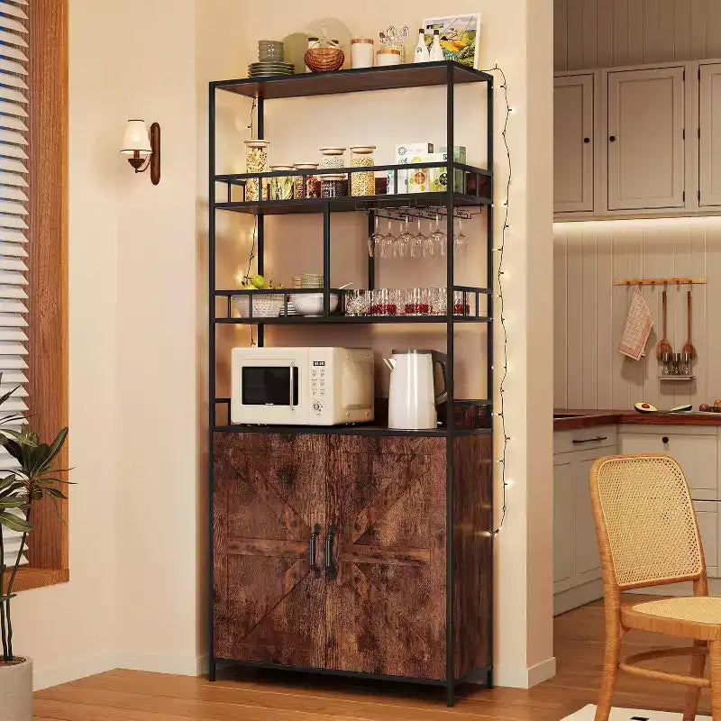 71 Tall Wine Rack, Bar Cabinet, with Glass Holder, 5 Tier Bakers Rack, Wood Wine Rack, Industrial Liquor Cabinet for Kitchen Dinging Room