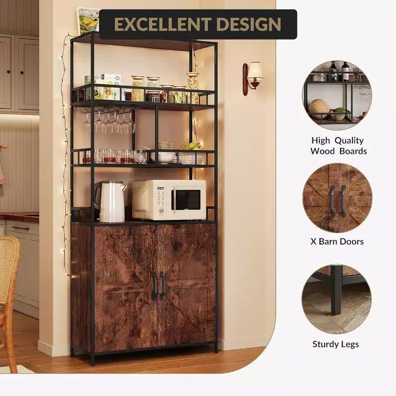 71 Tall Wine Rack, Bar Cabinet, with Glass Holder, 5 Tier Bakers Rack, Wood Wine Rack, Industrial Liquor Cabinet for Kitchen Dinging Room