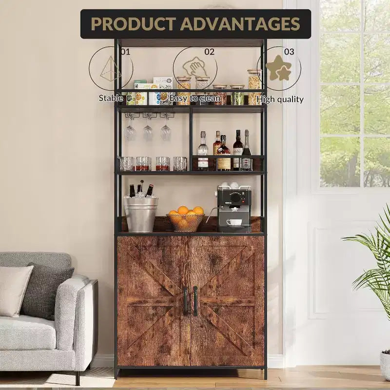 71 Tall Wine Rack, Bar Cabinet, with Glass Holder, 5 Tier Bakers Rack, Wood Wine Rack, Industrial Liquor Cabinet for Kitchen Dinging Room