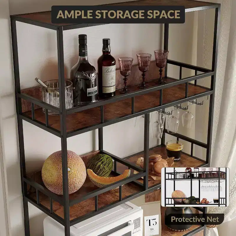 71 Tall Wine Rack, Bar Cabinet, with Glass Holder, 5 Tier Bakers Rack, Wood Wine Rack, Industrial Liquor Cabinet for Kitchen Dinging Room