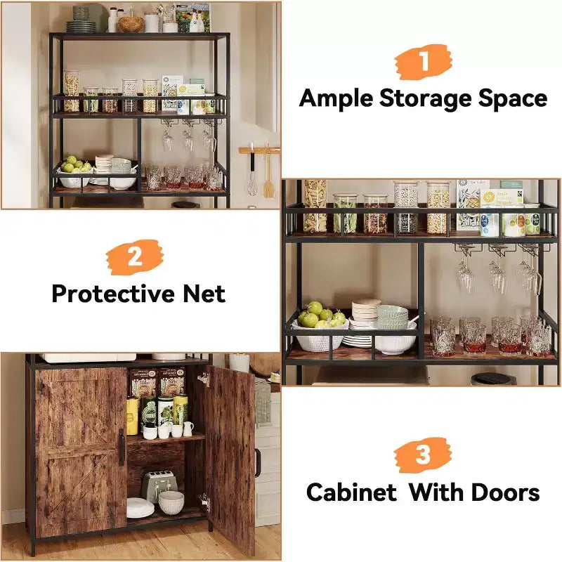 71 Tall Wine Rack, Bar Cabinet, with Glass Holder, 5 Tier Bakers Rack, Wood Wine Rack, Industrial Liquor Cabinet for Kitchen Dinging Room