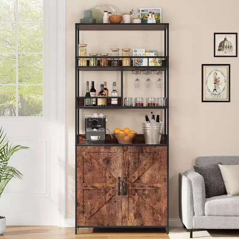 71 Tall Wine Rack, Bar Cabinet, with Glass Holder, 5 Tier Bakers Rack, Wood Wine Rack, Industrial Liquor Cabinet for Kitchen Dinging Room