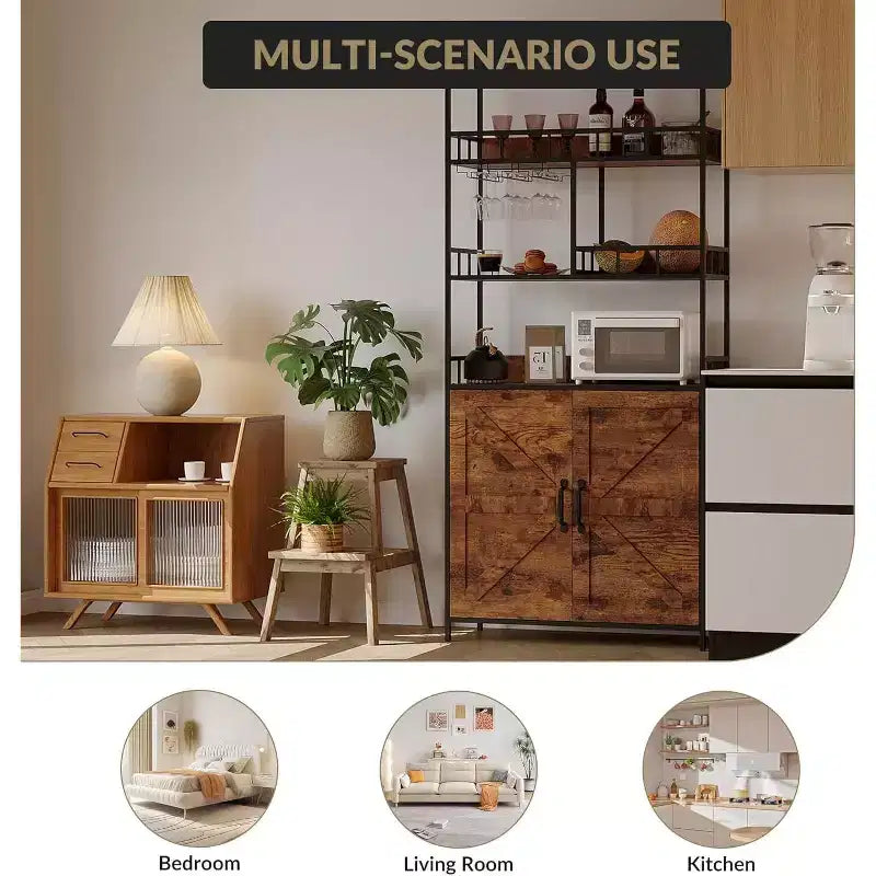 71 Tall Wine Rack, Bar Cabinet, with Glass Holder, 5 Tier Bakers Rack, Wood Wine Rack, Industrial Liquor Cabinet for Kitchen Dinging Room
