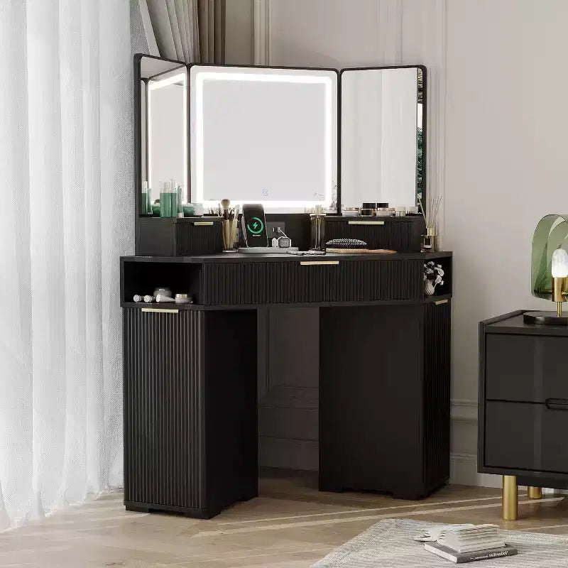 Corner Vanity Desk, Vanity Table with Mirror, Fluted Makeup Desk with Drawers and Cabinets, Corner Dressing Table for Bedroom