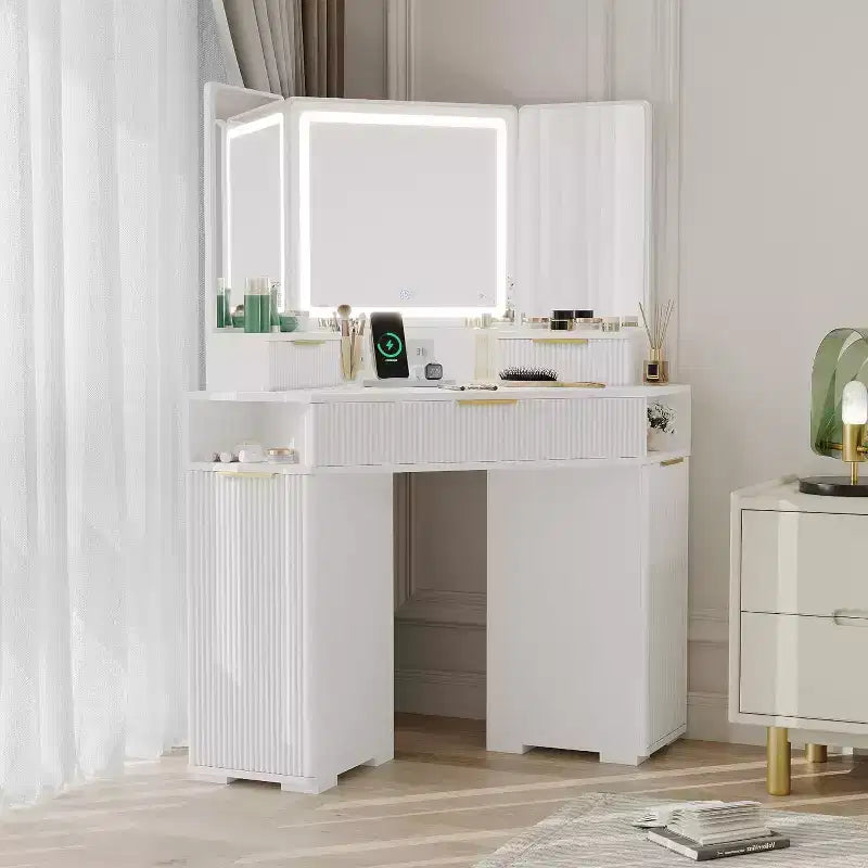 Corner Vanity Desk, Vanity Table with Mirror, Fluted Makeup Desk with Drawers and Cabinets, Corner Dressing Table for Bedroom
