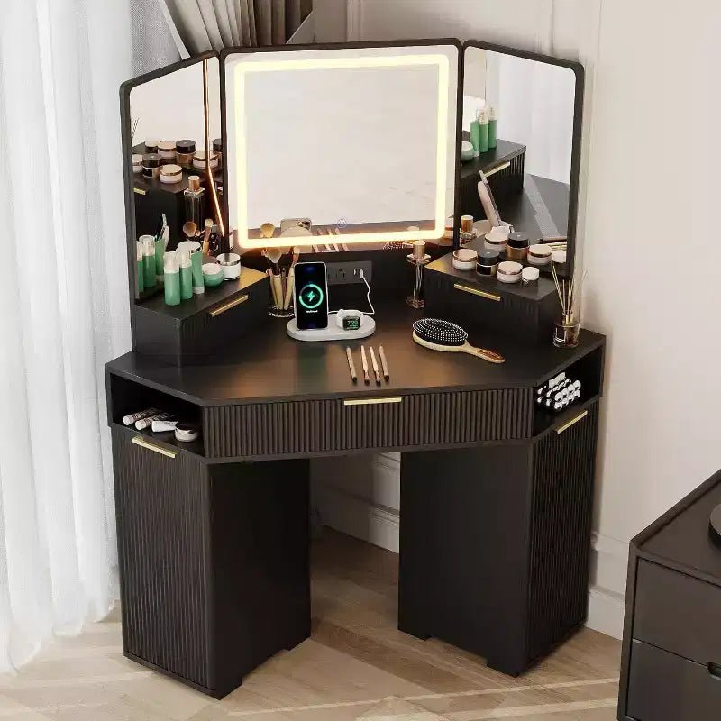 Corner Vanity Desk, Vanity Table with Mirror, Fluted Makeup Desk with Drawers and Cabinets, Corner Dressing Table for Bedroom