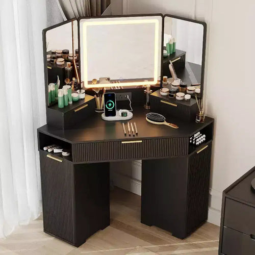 Corner Vanity Desk, Vanity Table with Mirror, Fluted Makeup Desk with Drawers and Cabinets, Corner Dressing Table for Bedroom