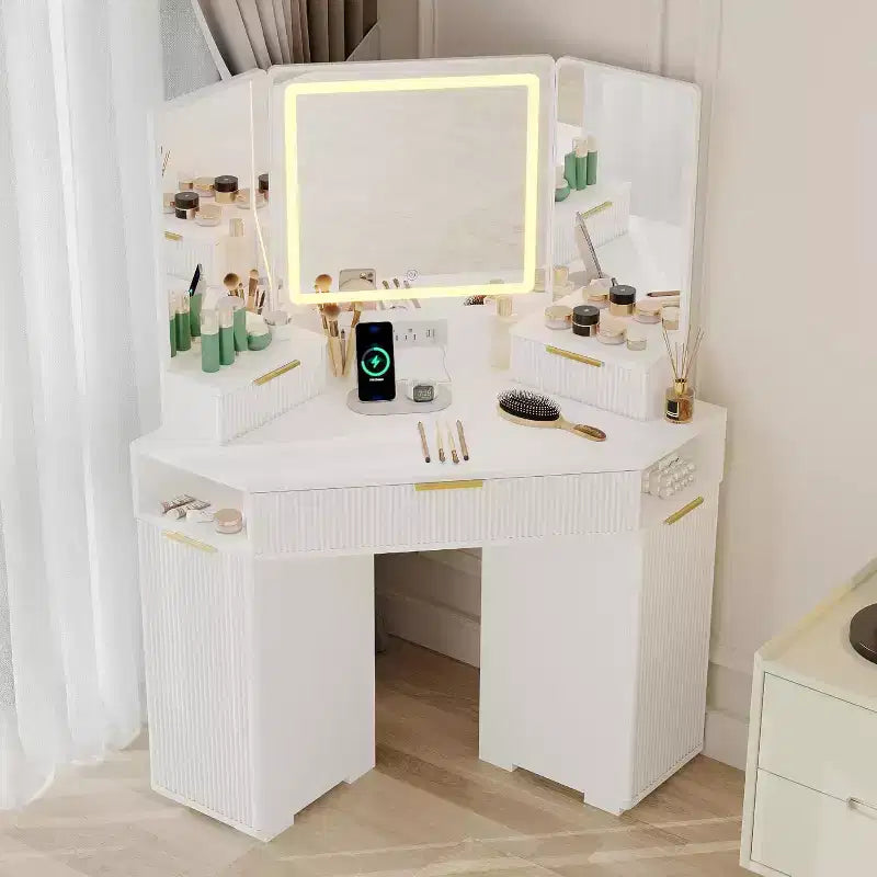 Corner Vanity Desk, Vanity Table with Mirror, Fluted Makeup Desk with Drawers and Cabinets, Corner Dressing Table for Bedroom