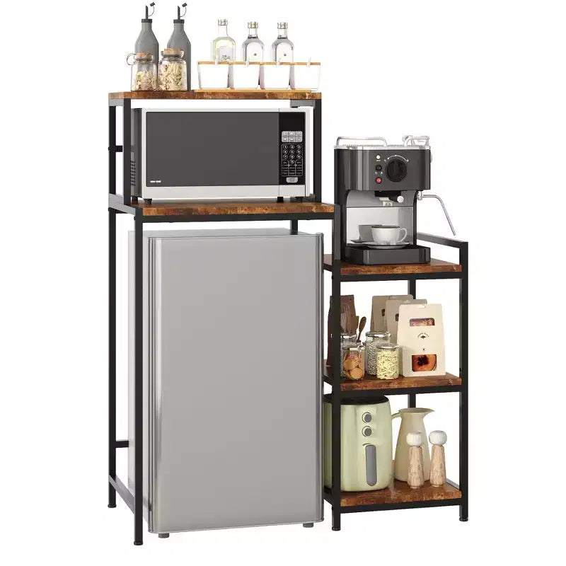 Mini Fridge Stand with Storage Shelves, 5 Tier Wood Kitchen Baker Rack, Freestanding Utility Microwave Stand, Coffee Bar Organizer for Dorm Apartment