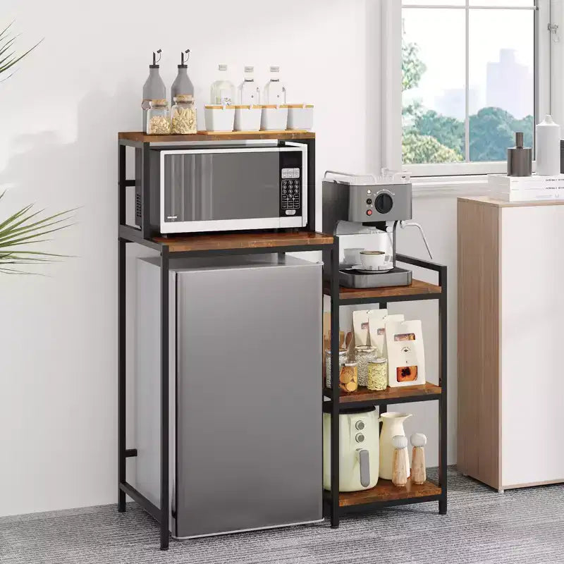 Mini Fridge Stand with Storage Shelves, 5 Tier Wood Kitchen Baker Rack, Freestanding Utility Microwave Stand, Coffee Bar Organizer for Dorm Apartment