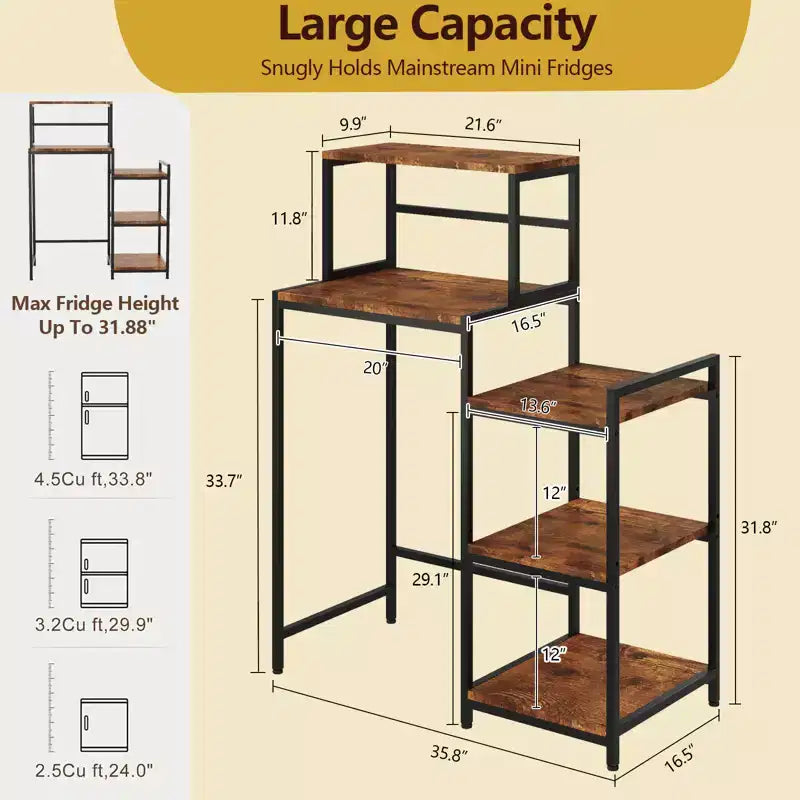 Mini Fridge Stand with Storage Shelves, 5 Tier Wood Kitchen Baker Rack, Freestanding Utility Microwave Stand, Coffee Bar Organizer for Dorm Apartment
