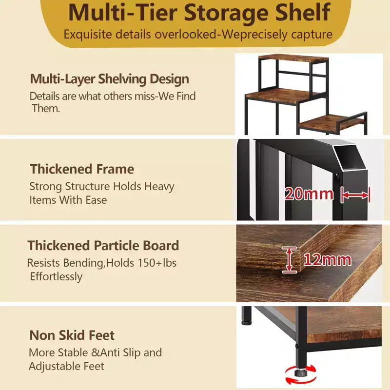 Mini Fridge Stand with Storage Shelves, 5 Tier Wood Kitchen Baker Rack, Freestanding Utility Microwave Stand, Coffee Bar Organizer for Dorm Apartment