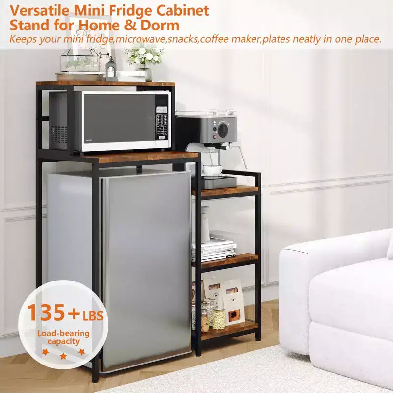 Mini Fridge Stand with Storage Shelves, 5 Tier Wood Kitchen Baker Rack, Freestanding Utility Microwave Stand, Coffee Bar Organizer for Dorm Apartment