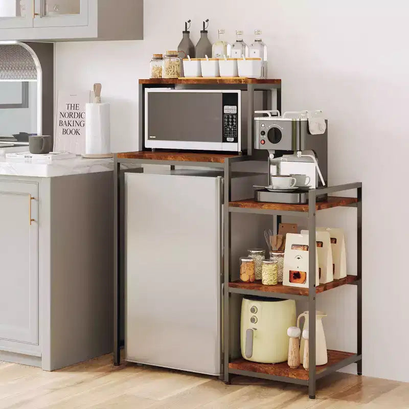 Mini Fridge Stand with Storage Shelves, 5 Tier Wood Kitchen Baker Rack, Freestanding Utility Microwave Stand, Coffee Bar Organizer for Dorm Apartment