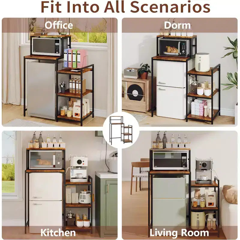 Mini Fridge Stand with Storage Shelves, 5 Tier Wood Kitchen Baker Rack, Freestanding Utility Microwave Stand, Coffee Bar Organizer for Dorm Apartment