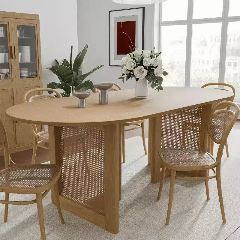 PexFix Modern Farmhouse Kitchen Dining Room Table Home Furniture Oval Oak Kitchen Table with Rattan Woven Legs for Kitchen Bar Living Room