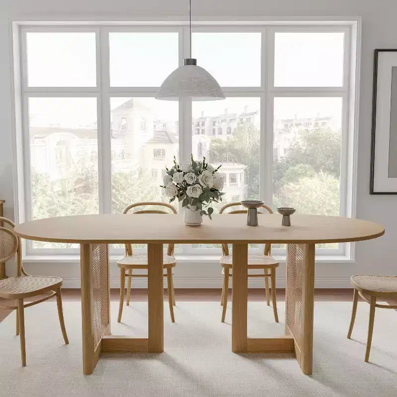 PexFix Modern Farmhouse Kitchen Dining Room Table Home Furniture Oval Oak Kitchen Table with Rattan Woven Legs for Kitchen Bar Living Room
