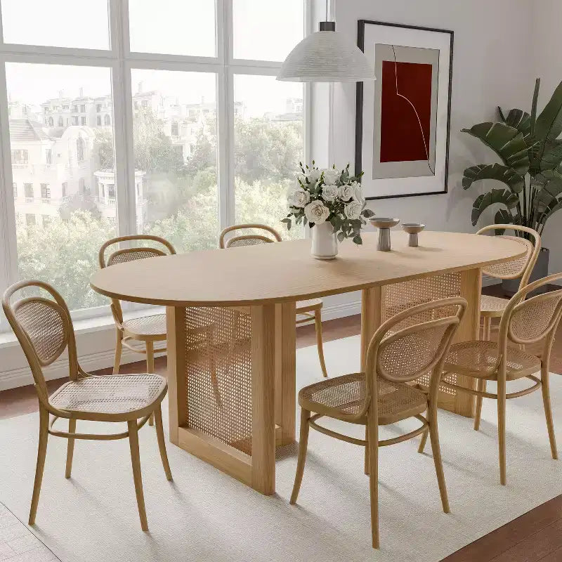 PexFix Modern Farmhouse Kitchen Dining Room Table Home Furniture Oval Oak Kitchen Table with Rattan Woven Legs for Kitchen Bar Living Room