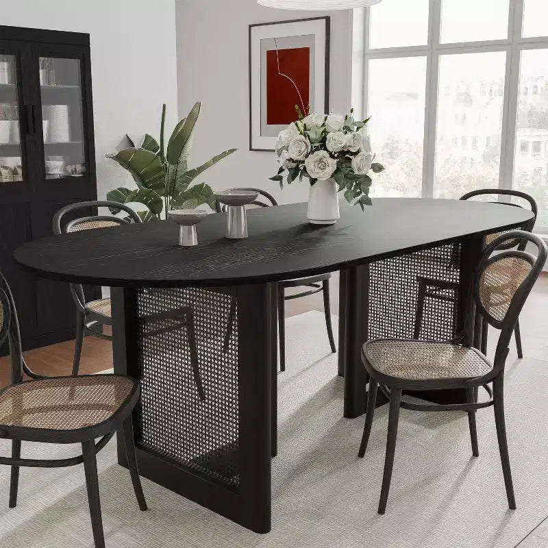 PexFix Modern Farmhouse Kitchen Dining Room Table Home Furniture Oval Oak Kitchen Table with Rattan Woven Legs for Kitchen Bar Living Room