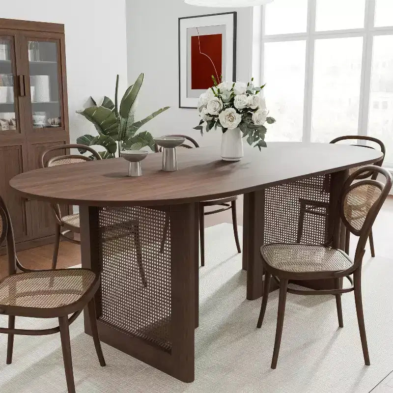 PexFix Modern Farmhouse Kitchen Dining Room Table Home Furniture Oval Oak Kitchen Table with Rattan Woven Legs for Kitchen Bar Living Room