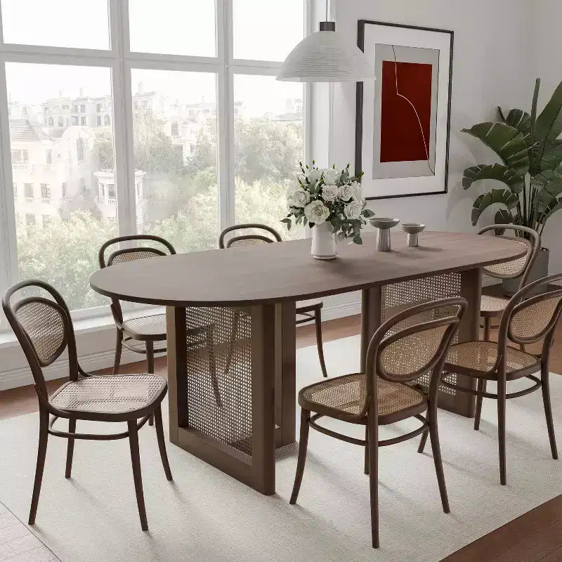 PexFix Modern Farmhouse Kitchen Dining Room Table Home Furniture Oval Oak Kitchen Table with Rattan Woven Legs for Kitchen Bar Living Room