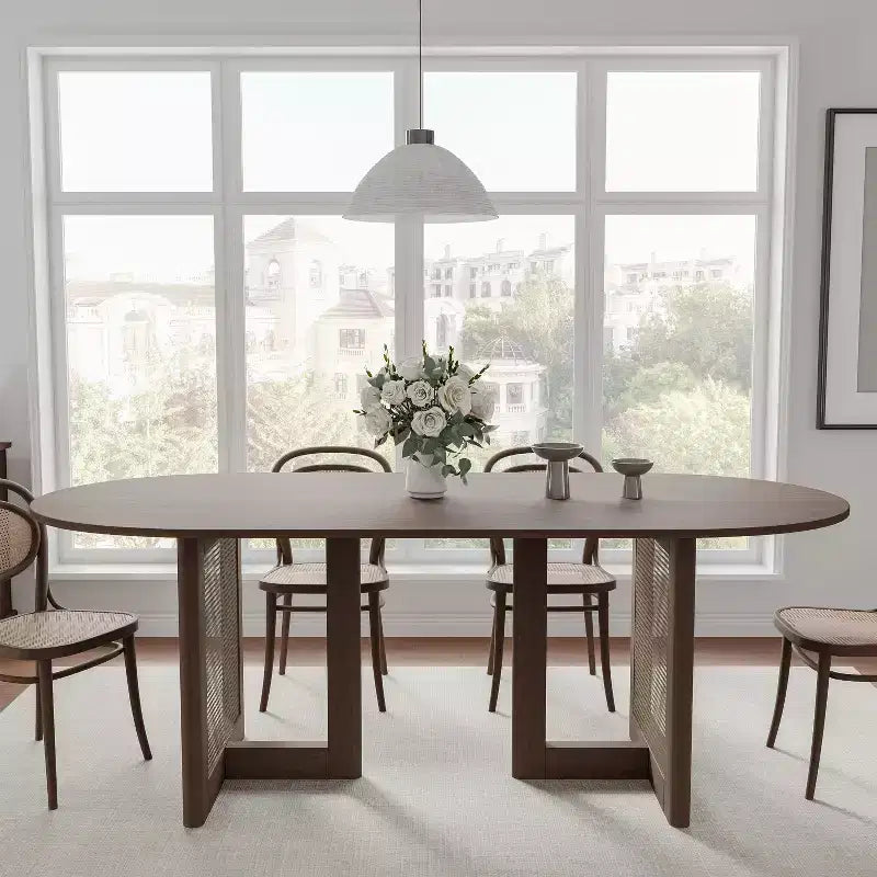 PexFix Modern Farmhouse Kitchen Dining Room Table Home Furniture Oval Oak Kitchen Table with Rattan Woven Legs for Kitchen Bar Living Room