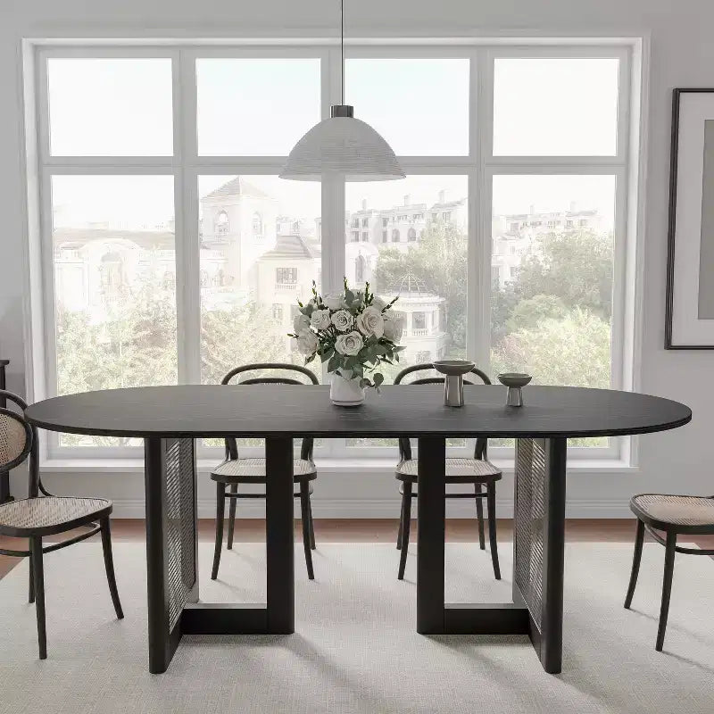 PexFix Modern Farmhouse Kitchen Dining Room Table Home Furniture Oval Oak Kitchen Table with Rattan Woven Legs for Kitchen Bar Living Room