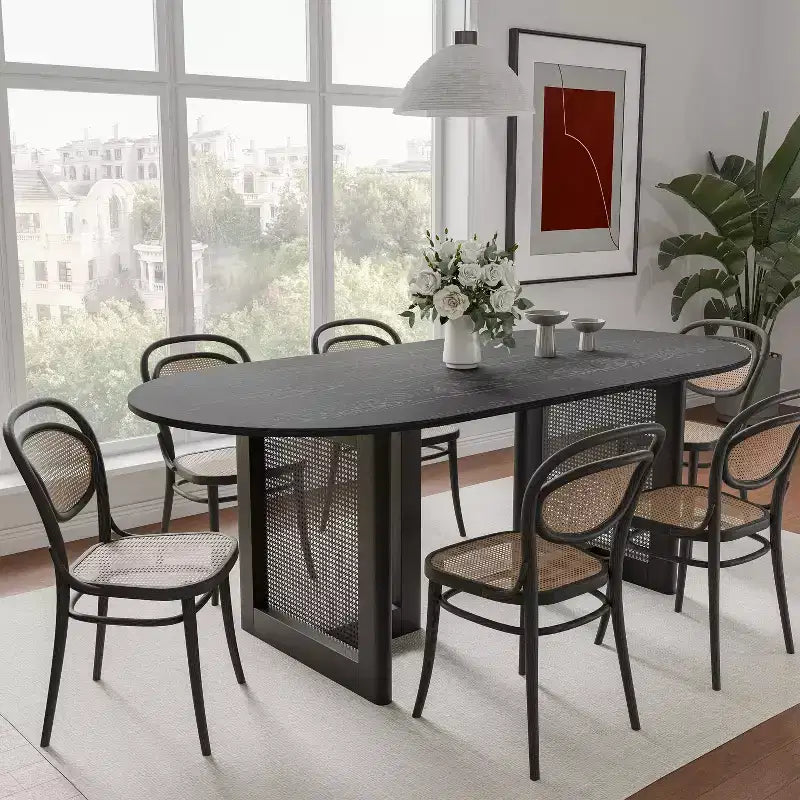 PexFix Modern Farmhouse Kitchen Dining Room Table Home Furniture Oval Oak Kitchen Table with Rattan Woven Legs for Kitchen Bar Living Room