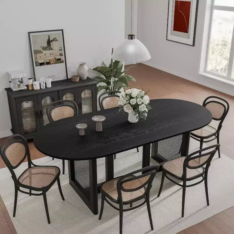 PexFix Modern Farmhouse Kitchen Dining Room Table Home Furniture Oval Oak Kitchen Table with Rattan Woven Legs for Kitchen Bar Living Room