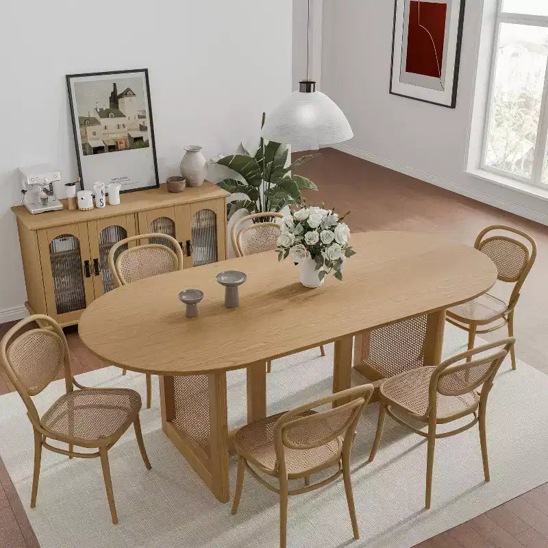 PexFix Modern Farmhouse Kitchen Dining Room Table Home Furniture Oval Oak Kitchen Table with Rattan Woven Legs for Kitchen Bar Living Room